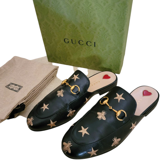 Gucci Bee Star Black Leather Horsebit Princetown Loafers Slides Flats Mules 7 37 - Picture 1 of 12